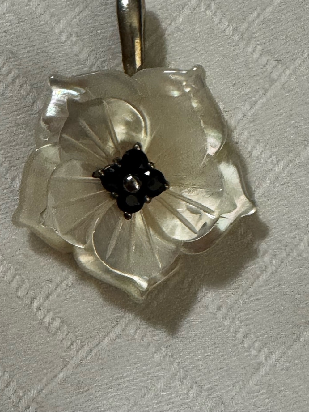 Mother-of-Pearl Flower Pendant - Floral Pendant in White with Black Stones